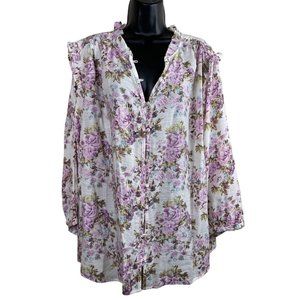 Lauren Conrad Blouse Womens Plus Size 3X 3/4 Puff Sleeve Peasant Top Floral NWT